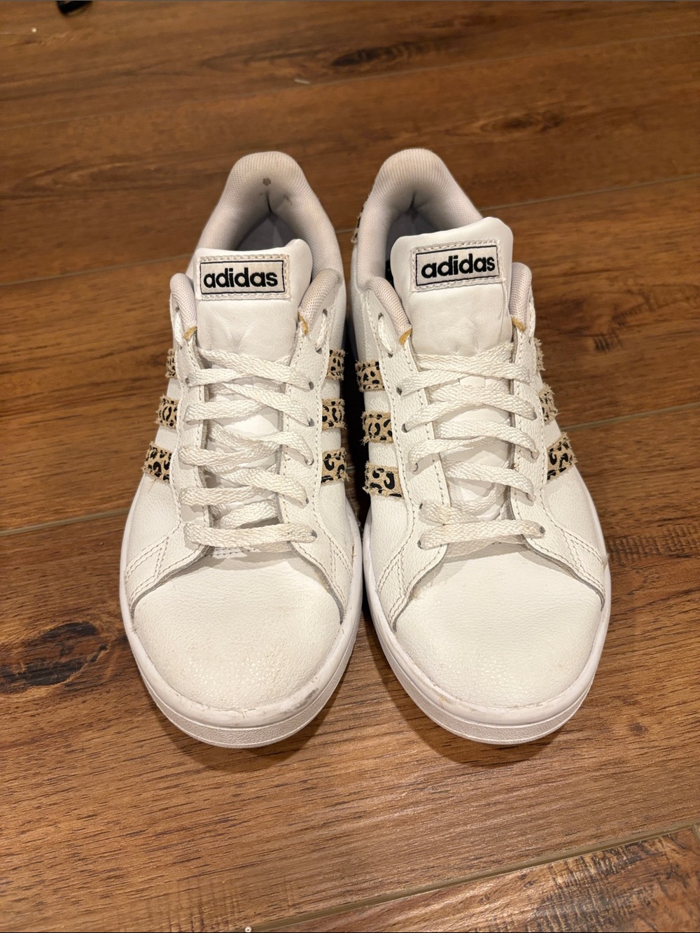 adidas White Sneakers with Leopard-Print Stripes
